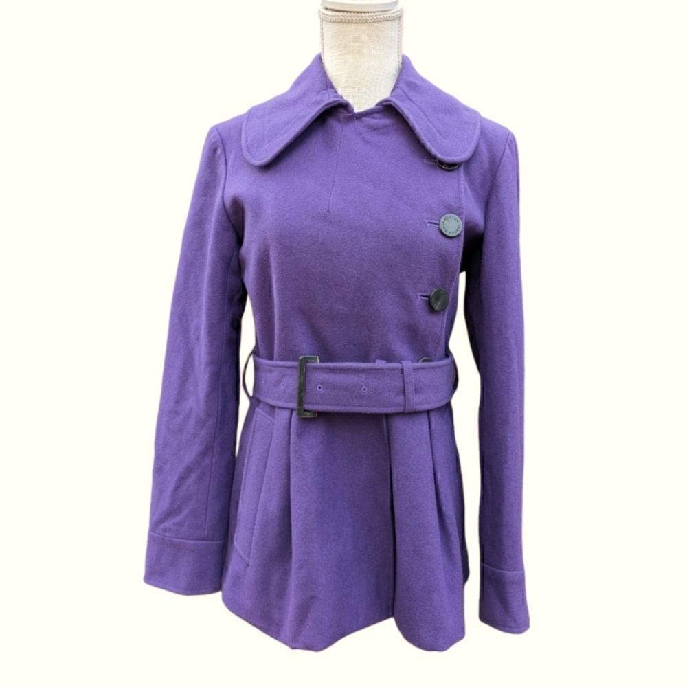 Aquascutum London Women's Wool Purple Peplum Buttoned Coat with Belt Size 8 Reg